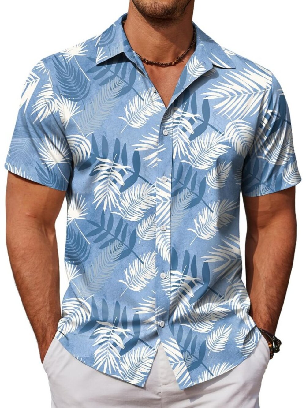 Men Light Blue Palm Leaves Hawaiian Short Sleeve Beach Casual Button Down Shirt
